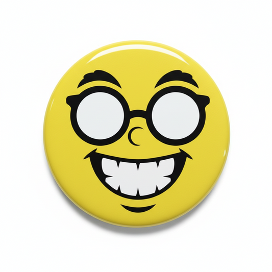 Round yellow badge with a cartoonish face design on a white background - mypinbacks.com