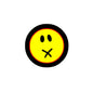 1.25-inch pinback button with yellow smiley face 'X' in black ring