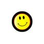 Retro smiley face pinback button with yellow face, red ring, and black border