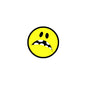 1.25-inch retro yellow smiley scary face pinback with black border and jagged teeth