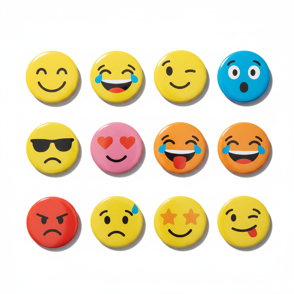 Set of 12 round pinback smiley face buttons in yellow, blue, pink, and orange