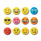 Set of 12 round pinback smiley face buttons in yellow, blue, pink, and orange