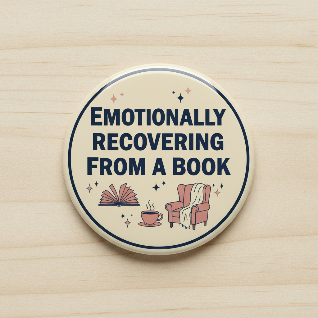 Round book pinback button with “Emotionally Recovering From A Book” and book/tea icons