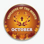 October employee of the month pinback button with laurel wreath, gold text on maroon