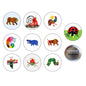 10-pack pinback button set with colorful animal illustrations in circular designs