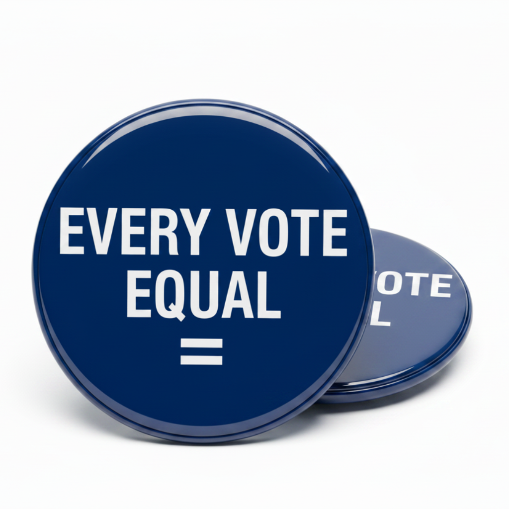 A round pinback button with a gold-colored rim, featuring a glossy dark blue face with the white text 'EVERY VOTE EQUAL' and a white equals sign below. A second button is partially visible behind it on a clean white background.
