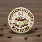 Coffee-themed pinback button with round beige design and coffee cup graphic
