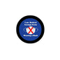 Round medical exemption pinback button with crossed mask and blue lettering