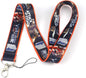 Colorful graphic lanyard badge holder with orange trim and metal keychain clip