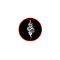 Round tattoo design pinback button with black center, red border, and white floral figure