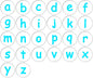 26 pack of lower-case letter pinback badges, blue letters on white round buttons