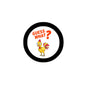 Black 2.25-inch pinback button: GUESS WHAT? rooster graphic