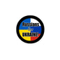 Round pinback button with 'Russians for UKRAINE!' text and flag color design