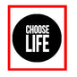 1.25-inch pinback button with black face and white "CHOOSE LIFE" text
