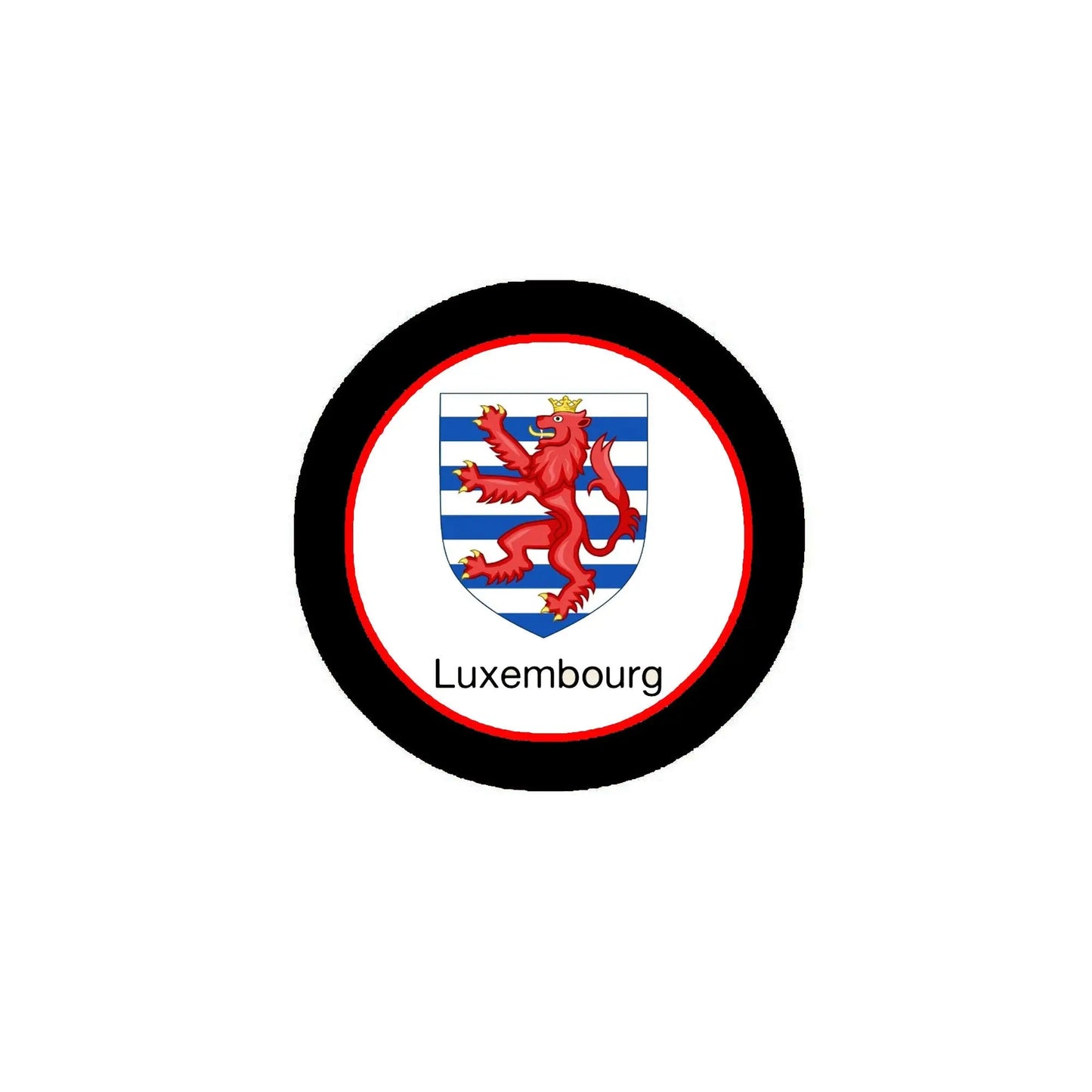 Round pinback badge with Luxembourg coat of arms, red lion on blue and white shield