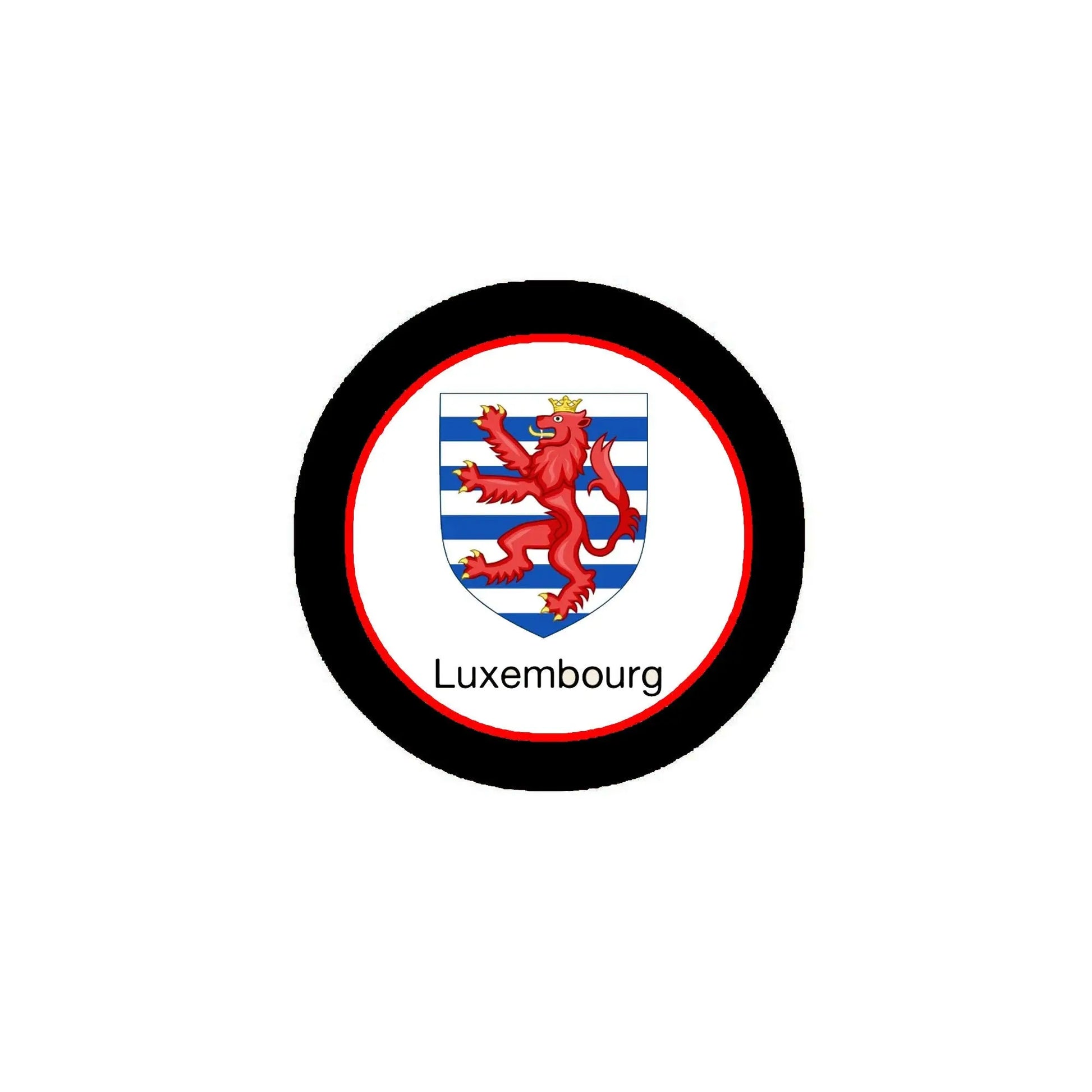 Round pinback badge with Luxembourg coat of arms, red lion on blue and white shield