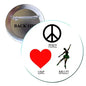 Peace and love ballet pinback button with peace sign, red heart, and dancing ballerina graphic