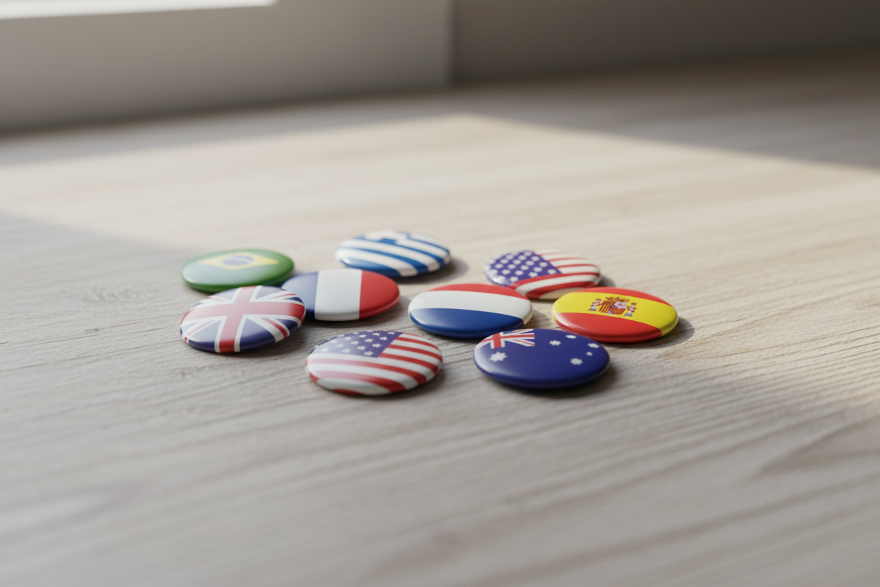 Round national flag pinback buttons set, 1.25-inch, assorted designs (12 pcs)