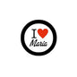 I Love Maria pinback badge with black border, red heart, and white circular background