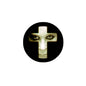 Round pinback badge with black border and gold cross-face design