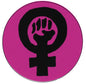 Feminist fist button with purple circular background and black raised fist and symbol