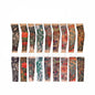 Assorted tattoo sleeve with orange, green and gray portrait and pattern graphics