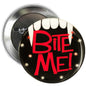 Halloween bite-me pinback button badge, round black with red Bite Me text and star sparkles