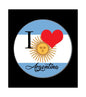 Round pinback badge: I Love Argentina with red heart and sun face on blue/white