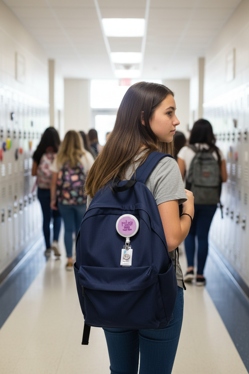 Navy backpack with purple circular retractable badge reel clipped to the strap