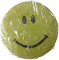 Green round smiley face pin badge with black eyes and curved smile