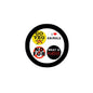 Round pinback button with black border and four sections: GO VEG, NO FUR, MEAT IS MURDER