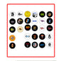 Set of round rock-and-roll style refrigerator magnets in mixed colors and logos