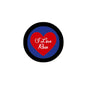 Round pinback button with black rim, blue center, red heart, and “I Love Rose” text