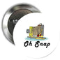 Retro camera button brooch badge with “Oh Snap” illustration on a round pin
