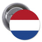Netherlands flag pinback button with round red, white, and blue design and metal clasp