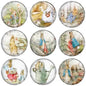 Peter Rabbit pinback badge set, nine round button badges with cartoon bunny scenes.