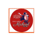 Red circular pinback badge with Michael Jackson graphic and 1958–2009 text