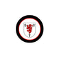 3-inch circular coat of arms magnet with black rim, red border, and lion crest