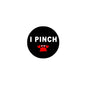 Round black pinback button brooch: 'I PINCH' text with red crab