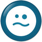 2.25-inch teal pinback button with smiling face icon, dot eyes and curved mouth
