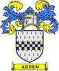 Family crest coat-of-arms shield magnet with blue lion, checkered bands, and ARDEN text