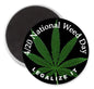 3-inch round magnet with green cannabis leaf and 'LEGALIZE IT' text