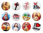 Set of round pinback buttons with Jesus and religious icons, assorted designs