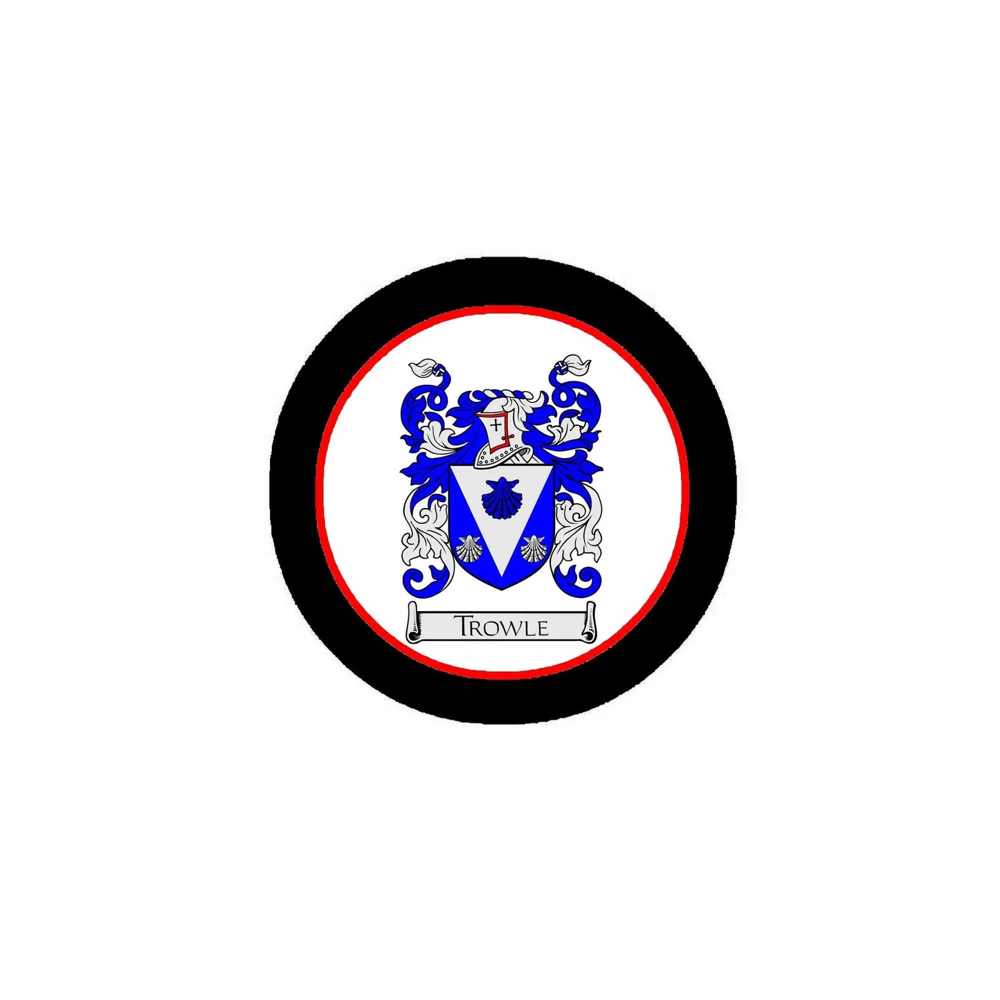 3-inch circular coat-of-arms magnet with black rim and blue shield crest, TROWLE text