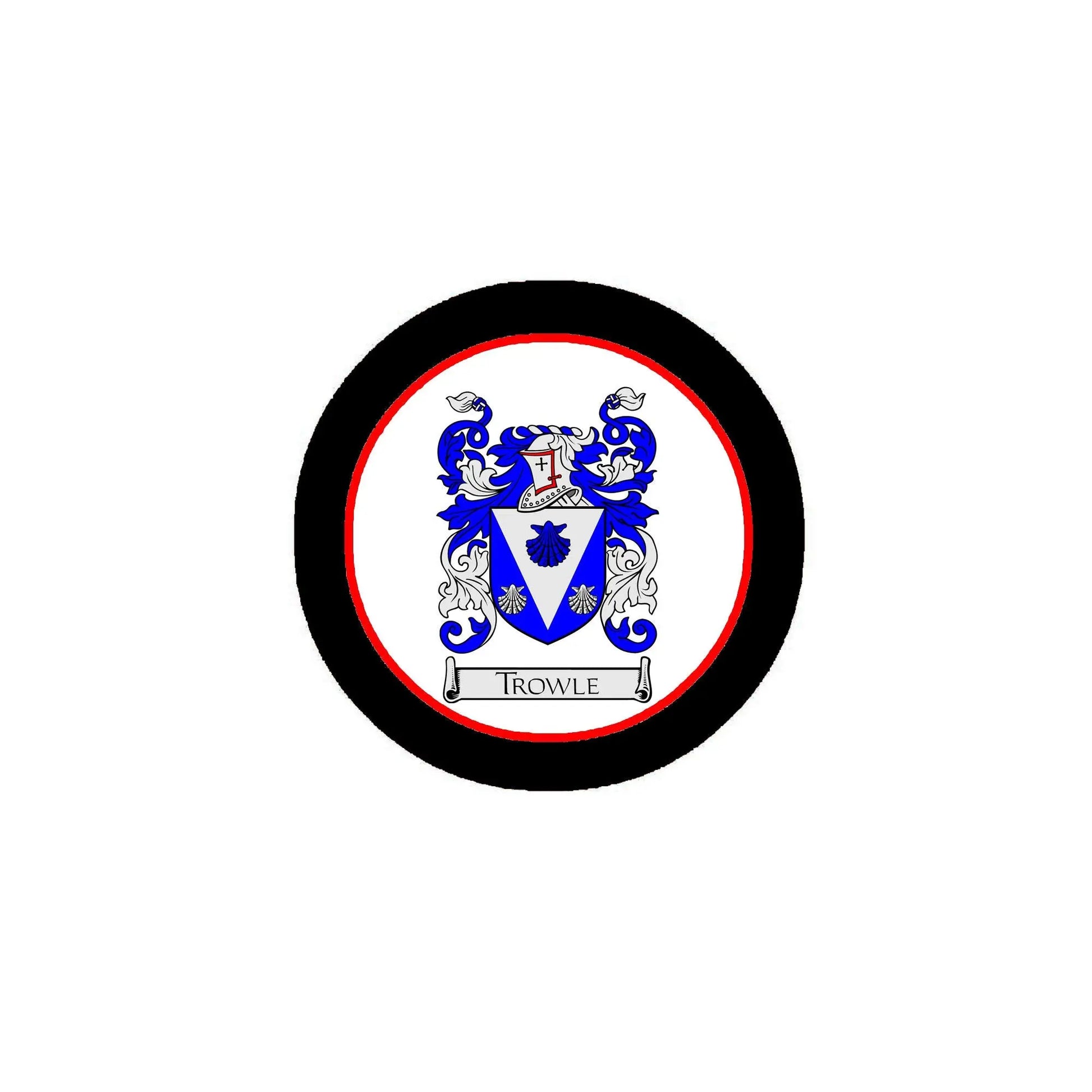 3-inch circular coat-of-arms magnet with black rim and blue shield crest, TROWLE text