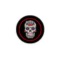 Black circular Day of the Dead pinback button with sugar skull and "Happy Day" text