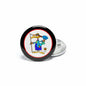2.25-inch gardening pinback button, round with black rim and colorful gardener artwork