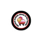 1.25-inch pinback button with cartoon lesbian sheep and circular rainbow text