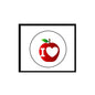 Red apple heart pinback button badge with green leaf and white “I ♥” lettering