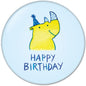 1.25-inch Happy Birthday rhino pinback button with text and colorful illustration